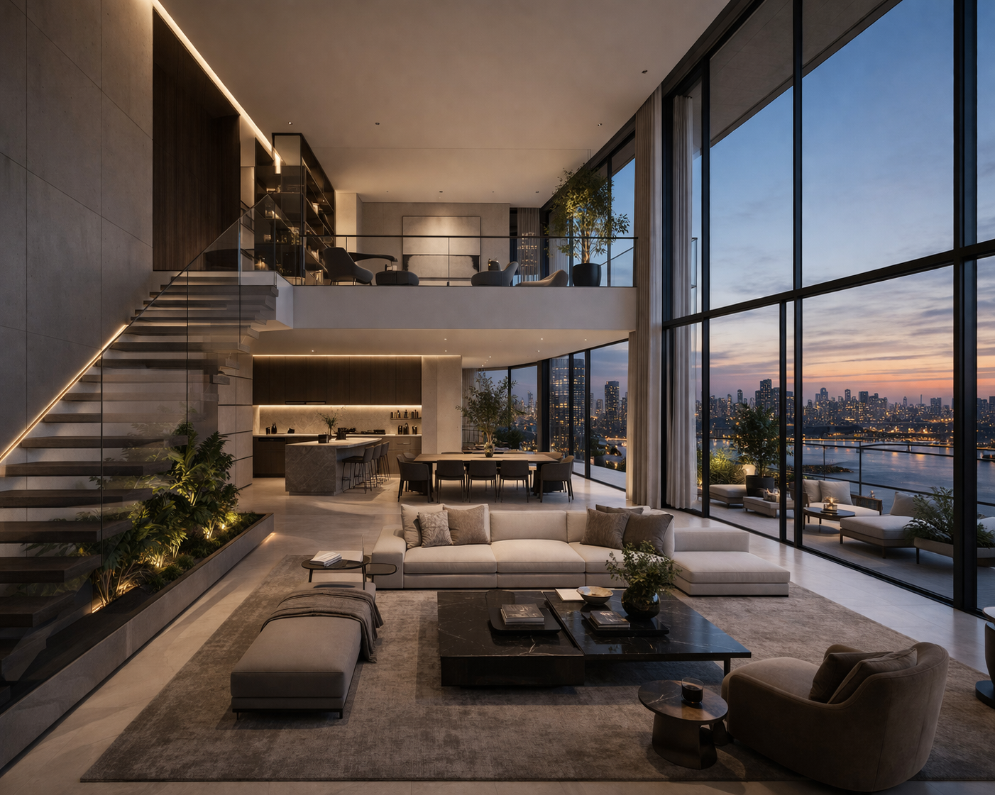 Urban double-height penthouse at night
