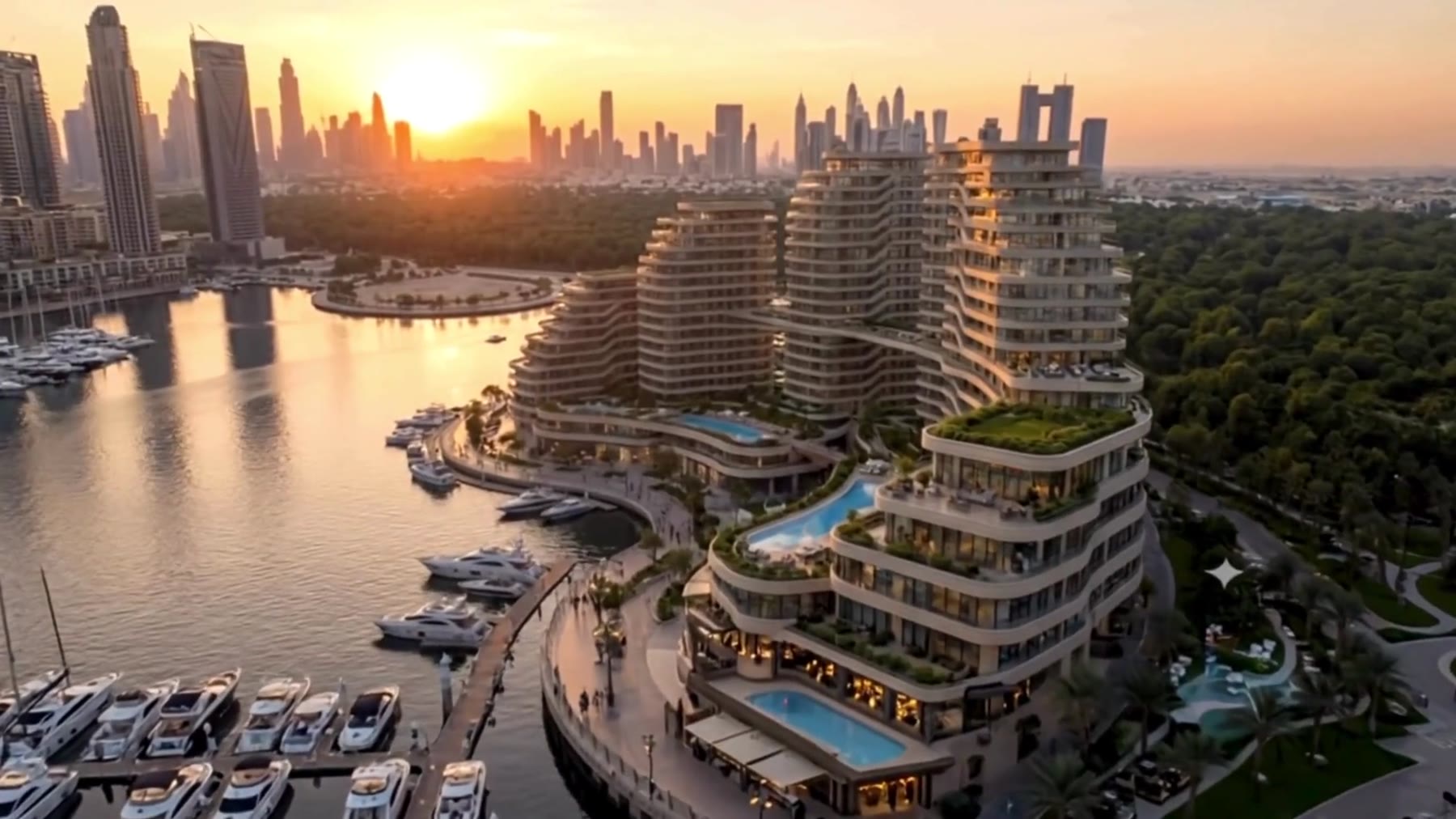 Marina resort aerial at sunset